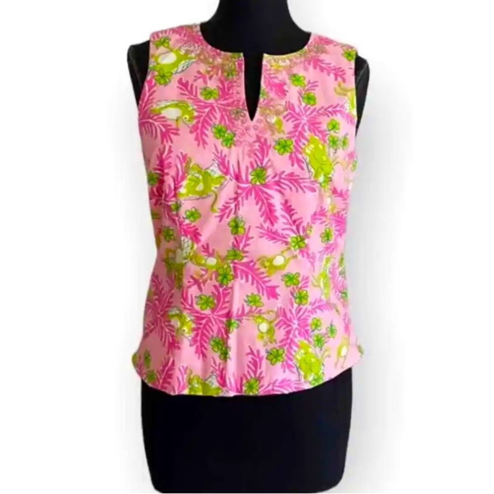 Lilly Pulitzer Girls Size 4 Sleeveless Blouse Monkey Print Vintage Pink & Green